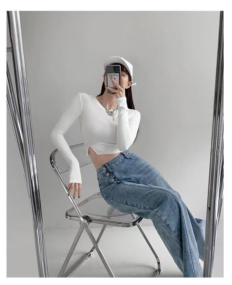 Irregular Breasted High Waist Jeans