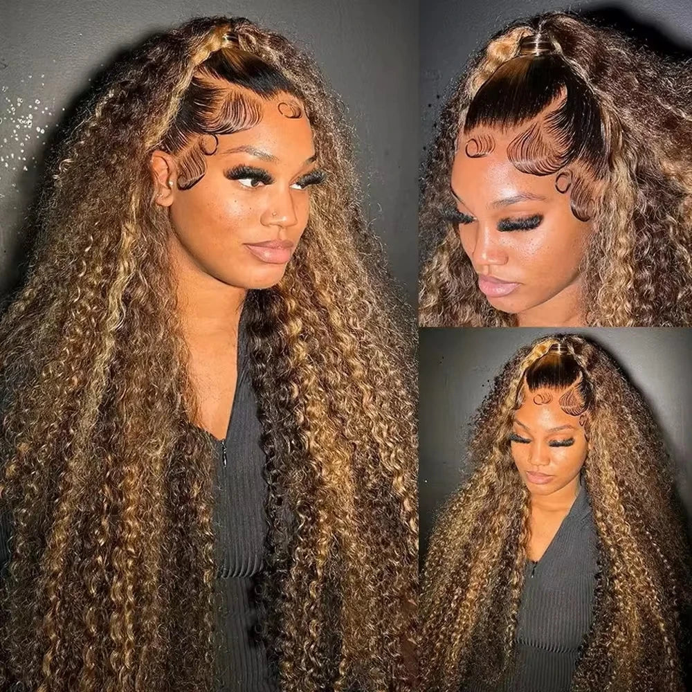 Honey Blonde Deep Curly Transparent Wigs
